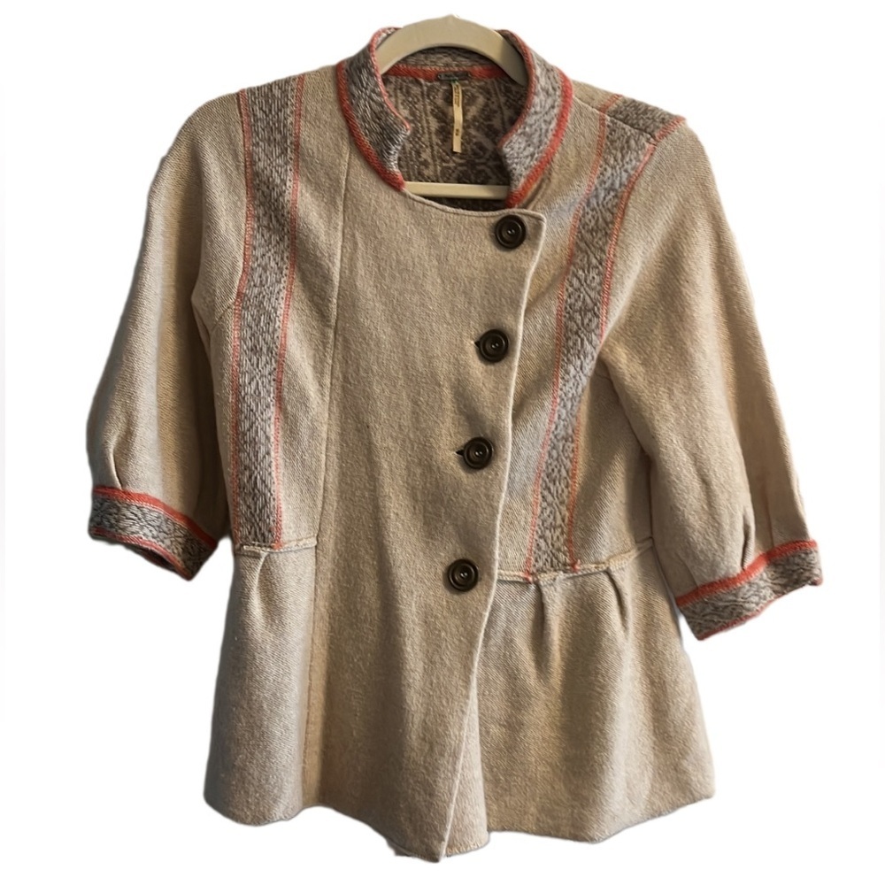 Women's Free People Cream and Gray Jacket with Coral Accents Size Medium